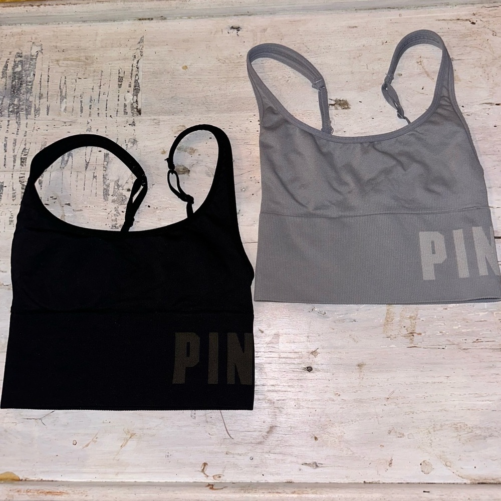 PINK Sport Lot of 2 Seamless Lightly Lined Sports Bras in Gray/Black Siz…